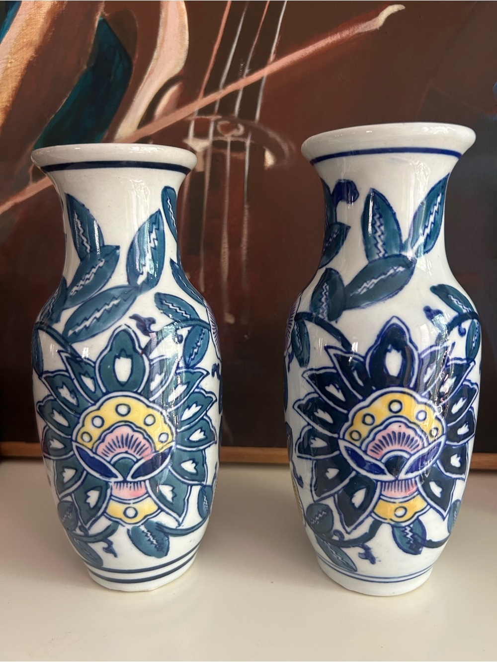 Pair Blue White Floral Ceramic Bud Vases Teal Pink Yellow Chinoiserie Decor - Picture 14 of 16